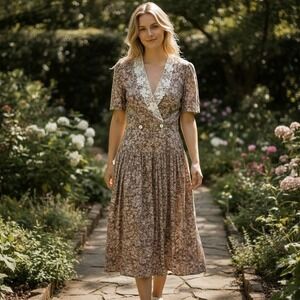 Vintage Jane Singer Floral Maxi Dress Size 10 Cottagecore 80s Teacher Prairie